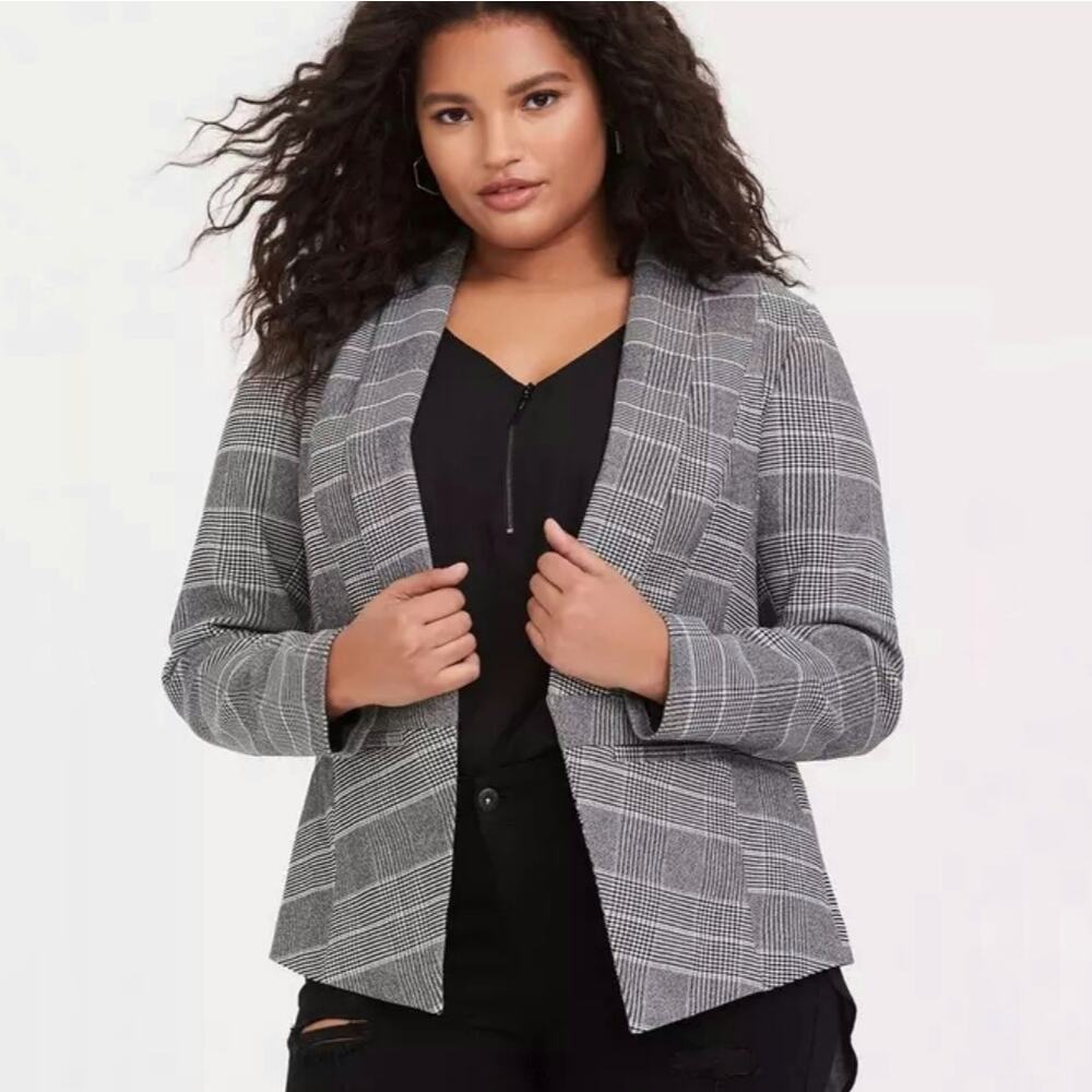 Torrid Women's Houndstooth Open Front Stretch Blazer Jacket Black White Size 2X